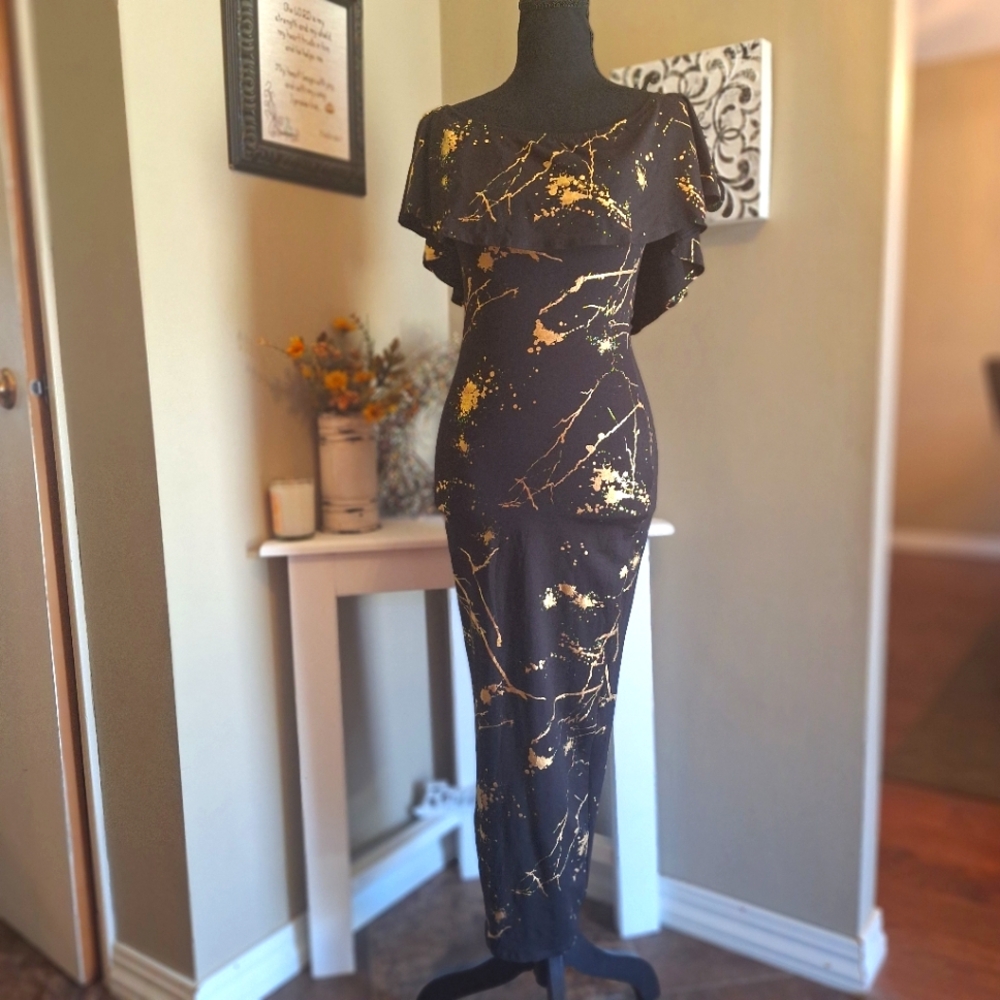 Vintage U.S.A. Black and Metallic Gold Splatter Off-Shoulder Bodycon Dress